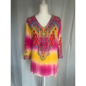 Caleaaa Womens XL Embroidered Boho, Tunic Top Pink Gauze, festival, peasant.